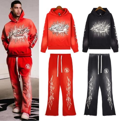 Male Fashion Print Cotton Hoodie Two Pieces Set