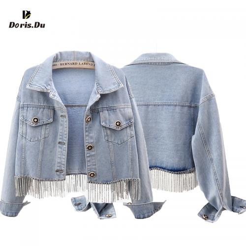 Ripped Blue Denim Tassel Women Crop Jacket