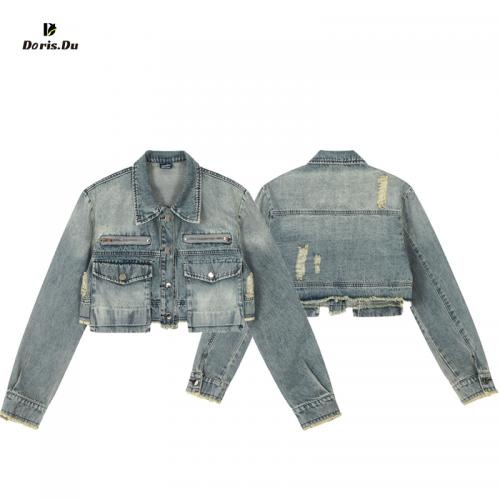 Distressed denim button crop jacket
        