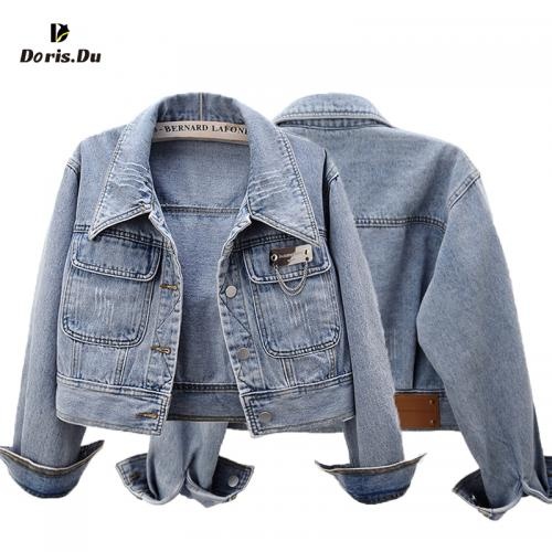 Women Crop Top Button Up Denim Jacket