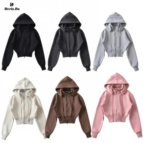 Hooded Double Zipper Drawstring Slim Waist Zip Up Hoodies