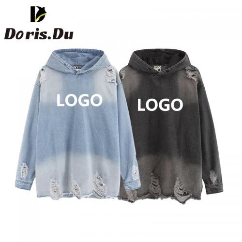 High Quality Women Dyed Distressed Jean Ripped Hoodie