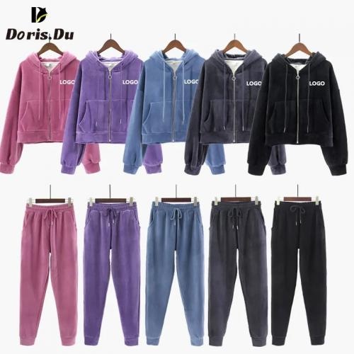 Printing Female Cotton Lined Hoodie And Trousers Set