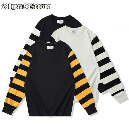 Heavy weight 280g unisex round neck long sleeved color blocked striped motorcycle T-shirt
        